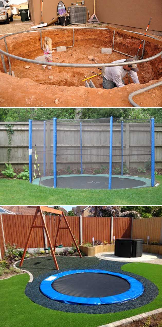 patio diy fun backyard trampoline projects landscaping homedesigninspired sunken trampolines hazards fewer bouncing provide safety hours awesome yard