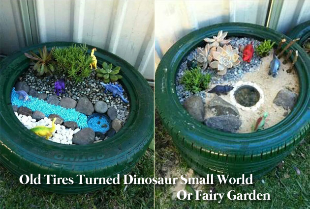 Old tire turned dinosaur small world or a fairy garden