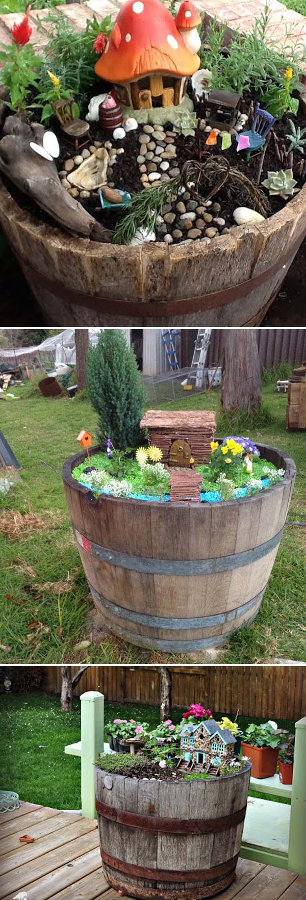 wine barrels can be turned to beautiful fairy garden