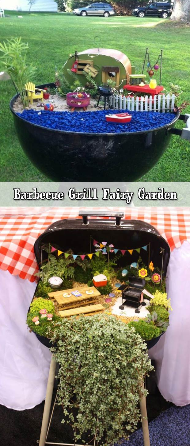 Recycle a broken barbecue grill into a fairy camp garden