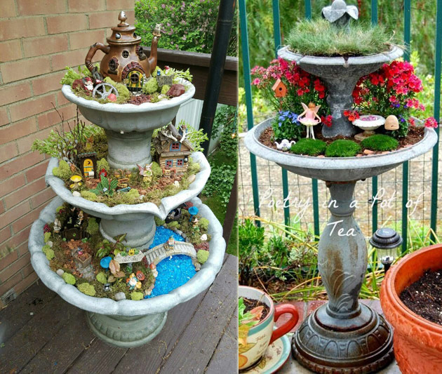 Transform a discarded fountain into a fairy garden tower