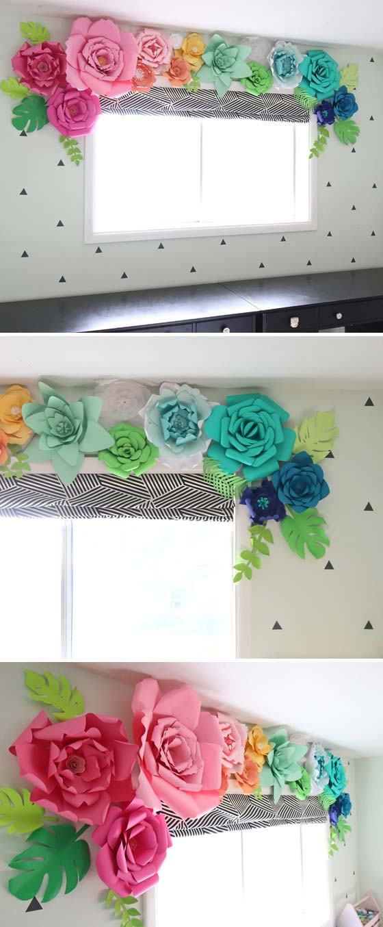 window valance made out of giant paper flowers