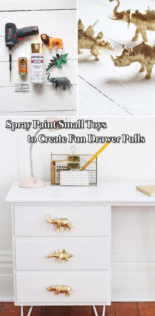 spray paint small toys to create fun drawer pulls
