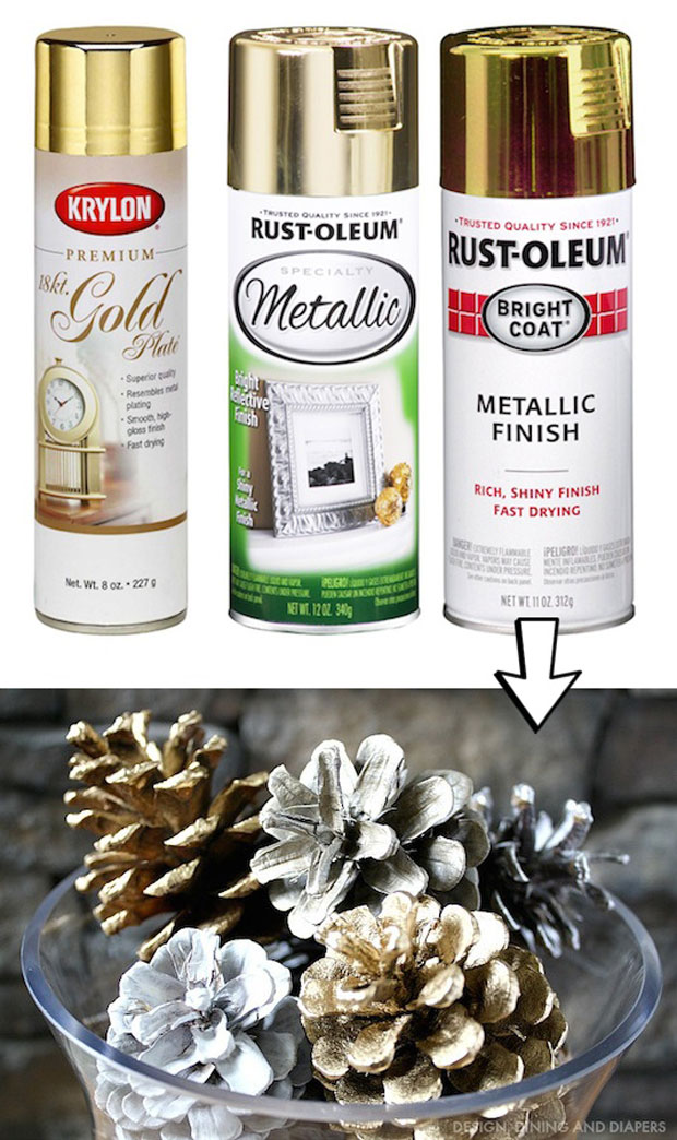 Spray painted pinecones