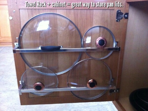 Use Towel Rack to Store Pan Lids