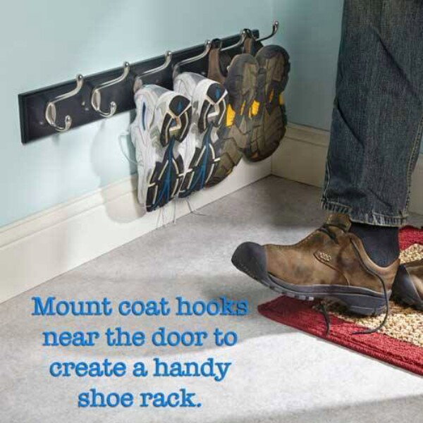 Mount Coat Hooks Near The Door to Create a Handy Shoe Rack