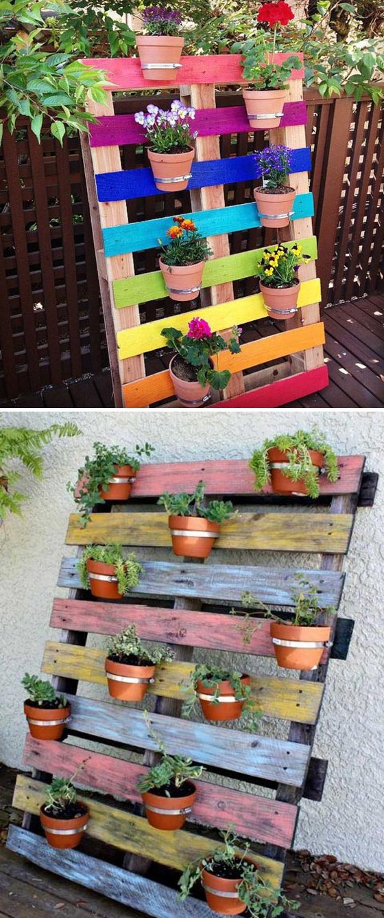 Upcycled Pallet Rainbow Clay Pots Garden