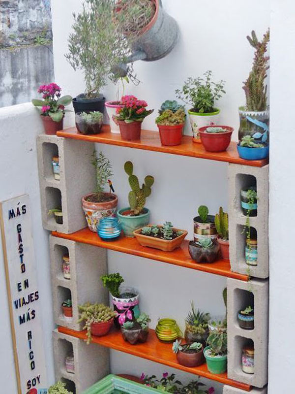 Display Clay Pot Planters on Cinder Block Shelf