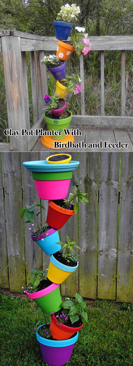 Terracotta Pot Planter with Birdbath and Feeder