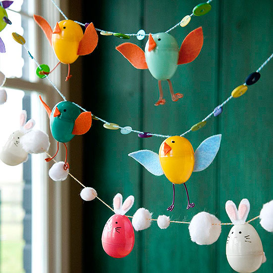 Easter Garland Using Plastic Eggs, Pom-poms, Buttons and Thread