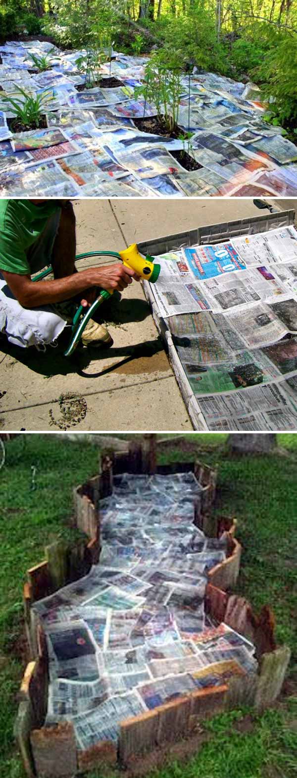 Use newspaper and water to stop weeds from growing