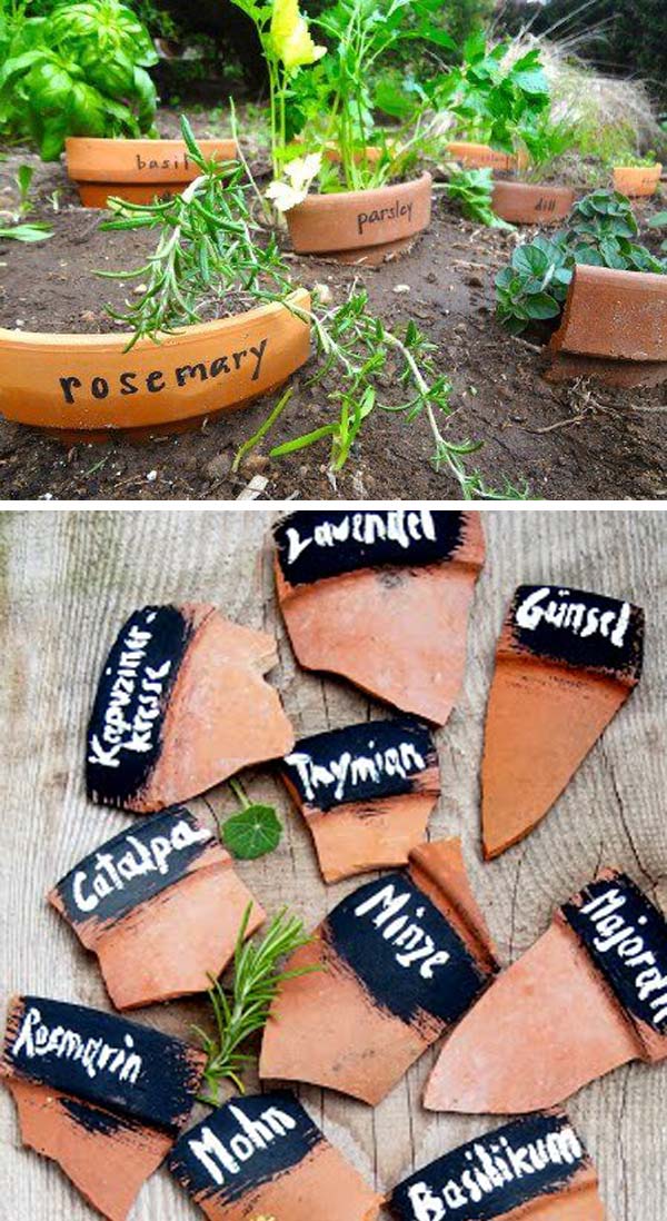 Make plant markers out of broken pots