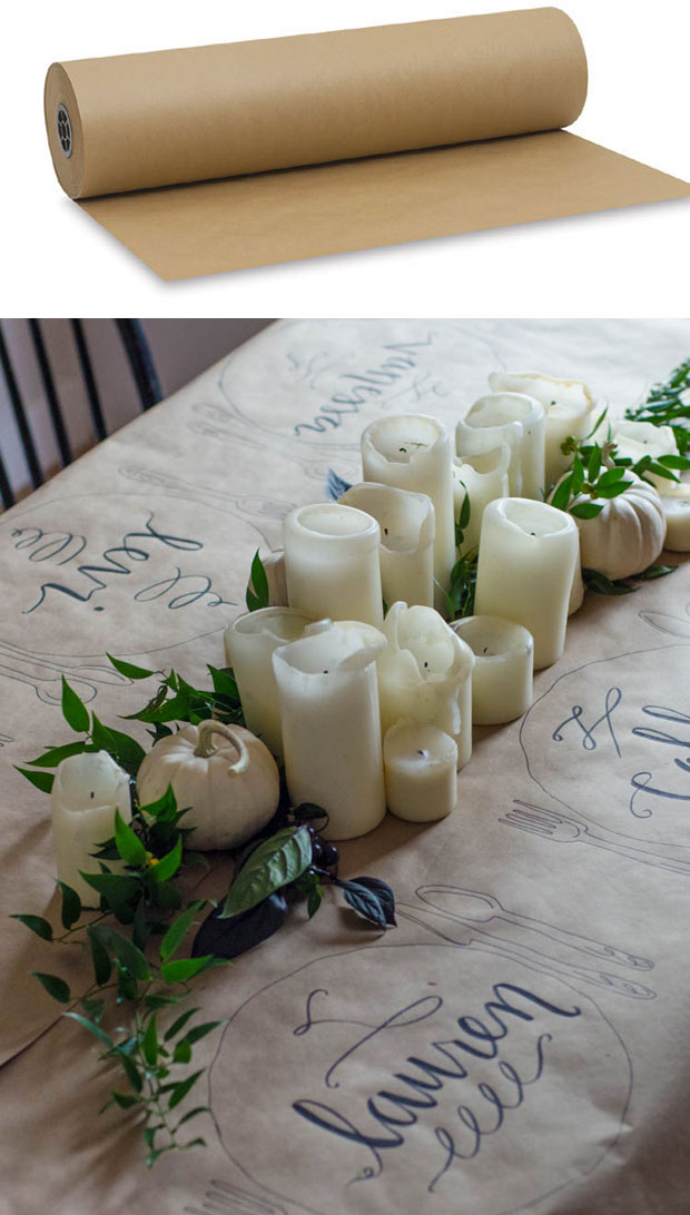 Using brown kraft paper as a Christmas tablecloth is a festive