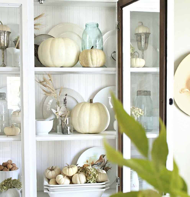 Placing different sized white pumpkins inside a kitchen cabinet along with your regular dishes is such a creative decorating idea. It brings a nice autumn feeling to an everyday spot in the house.
