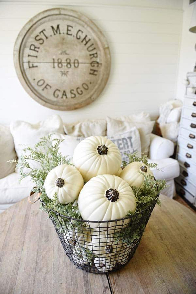 A simple wire basket instantly becomes a beautiful centerpiece for the living room when it's filled up with a white pumpkin or two and some fresh greenery.