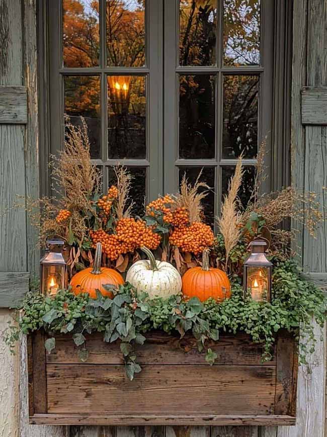 What a nice picture! Two small black lanterns with lit candles sit deep in a rustic window box filled with orange pumpkins, bright berries, and different kinds of grasses, making the window look warm and welcoming from the outside.