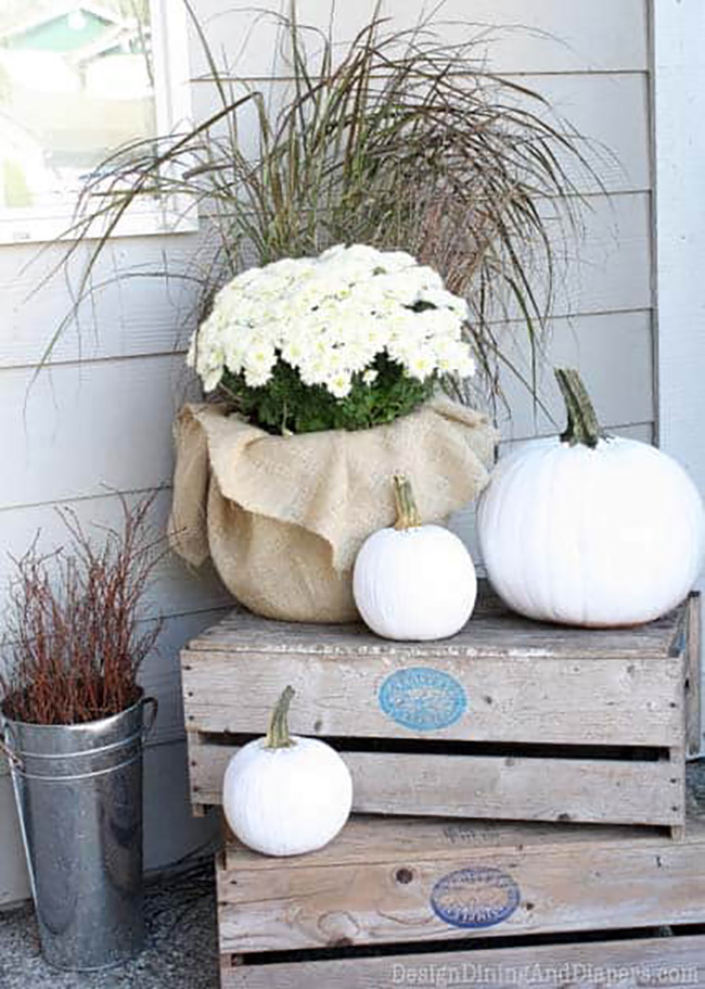 A white pumpkin is a perfect choice for outdoor fall decorating. It looks so fresh and clean next to a pot of white mums and some rustic wooden crates on the front porch.