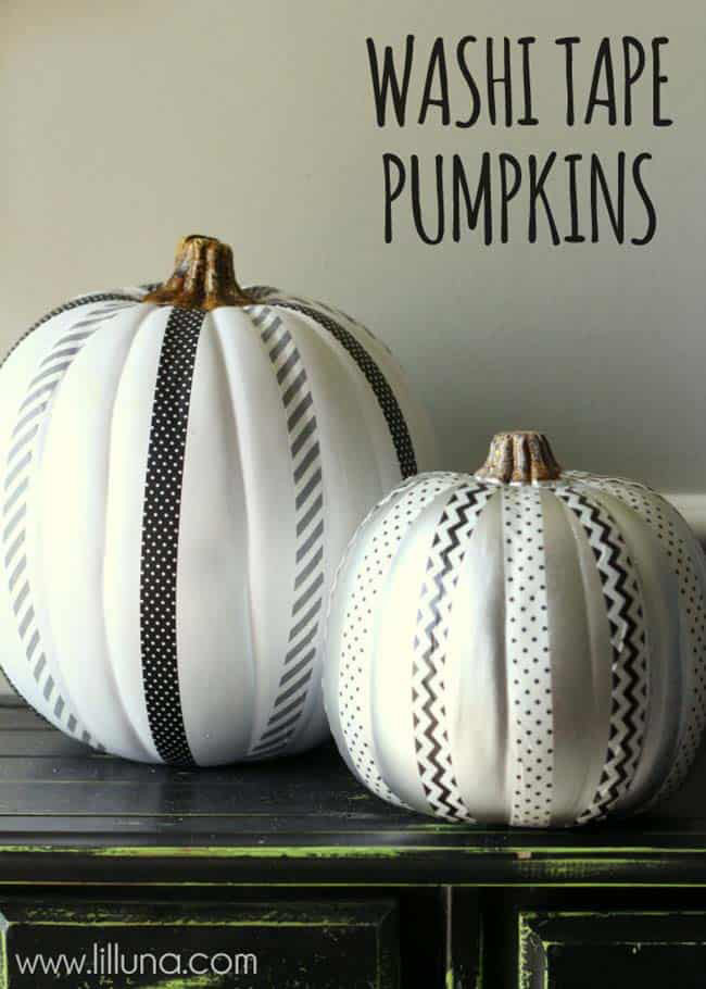 This is such a clever no-mess idea for decorating. Simply adding strips of washi tape to a white pumpkin can create amazing patterns. It's a really quick and easy way to get a custom, modern look.