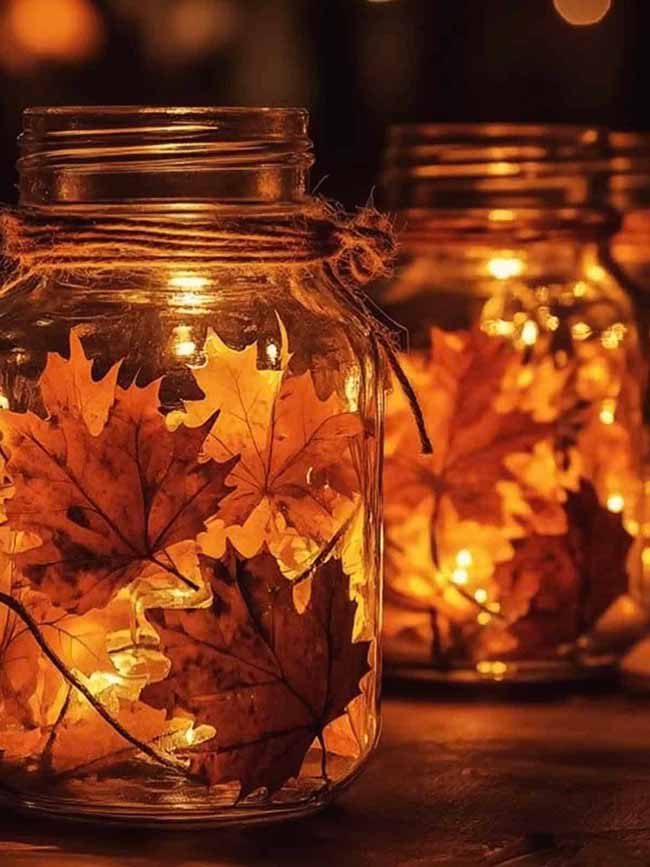 Look at this simple, amazing idea: filling glass jars with strands of fairy lights and dark fall leaves tied with twine. This brings a super warm, amber glow to any table or shelf on a cool night.