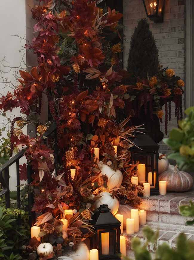 This is a deep, rich fall decor display on a front stair landing, featuring large bundles of deep red and orange leaves mixed with candles and black lanterns. The tall columns of color make this entryway look dramatic and extremely welcoming.