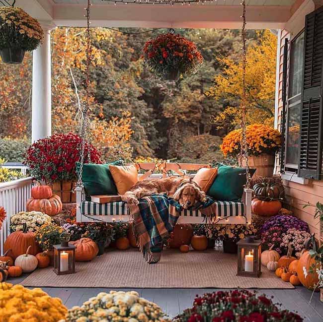 What an incredibly cozy porch! There are two small wood lanterns with candles on the floor next to the swing, which is piled high with pumpkins and fall mums in every color. The dog curled up on the swing with the plaid blanket makes this the perfect autumn retreat.