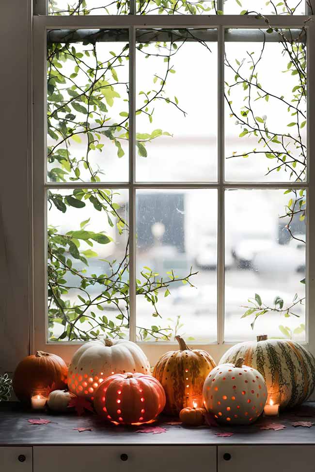 This isn't a lantern, but it has the same cozy glow! The different pumpkins on the windowsill are carved with tiny holes to let the candlelight shine through, which is a neat, warm light idea for any fall evening.