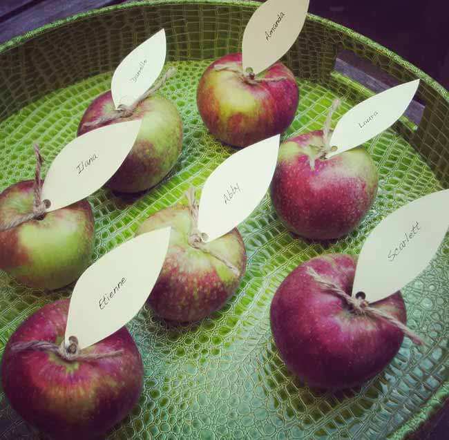 Using apples as place cards for guests is such a smart and simple fall party idea.