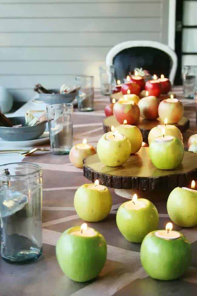 Turning apples into candle holders is an absolutely brilliant idea for fall! They must smell so good when the candles warm them up a little bit.