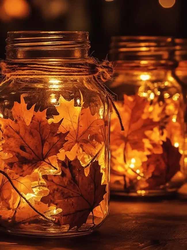 These mason jars filled with leaves and fairy lights are pure magic.