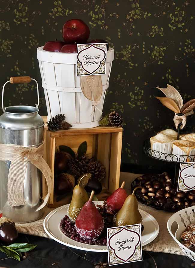 This harvest-themed food station looks like it came straight out of a country store. The sugared pears are a beautiful touch, and the little signs make everything feel organized and special.