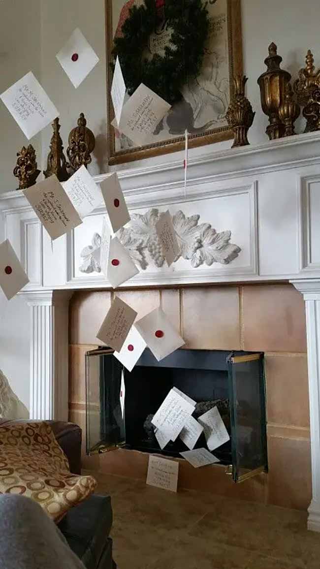 Here is another awesome Harry Potter ceiling idea! These floating letters have red seals, which makes them look just like the ones from the movie.