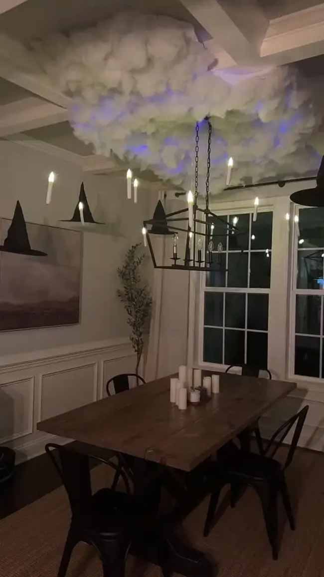 Wow, they made a big, spooky cloud on their ceiling! It looks so cool with the lights inside and the floating candles.