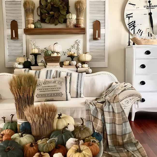 This setup features so many pumpkins in great colors like dark green, soft orange, and white. The hay and the farmhouse pillow make the whole space look ready for harvest time. The white daybed looks like a perfect spot to relax with a fall blanket.