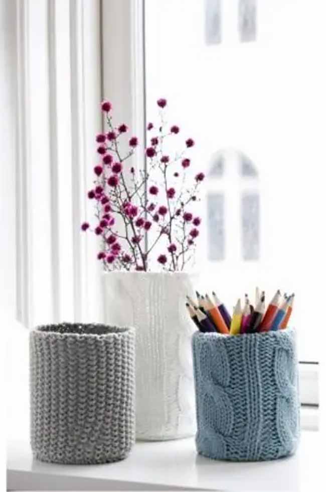 Knitted Holders. These yarn covers for the cups are very cute and make everything feel soft to the touch.