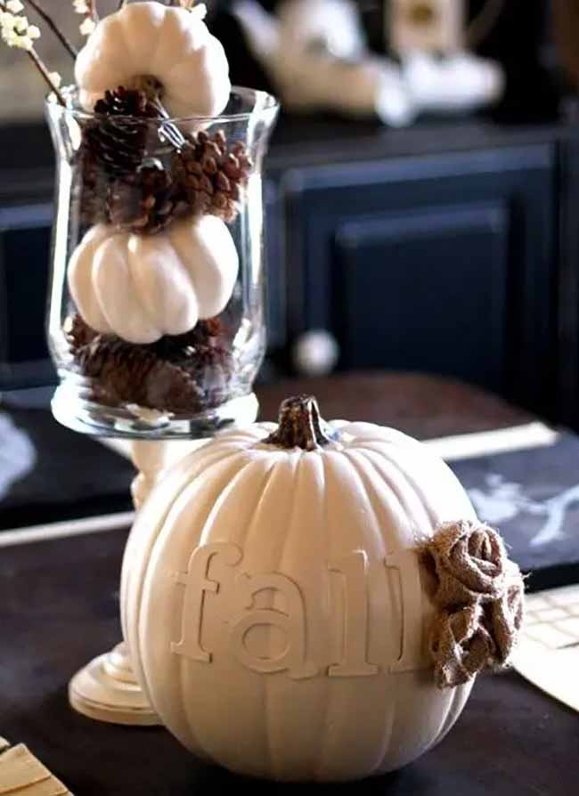 White Pumpkin Display. This white pumpkin centerpiece has the word 