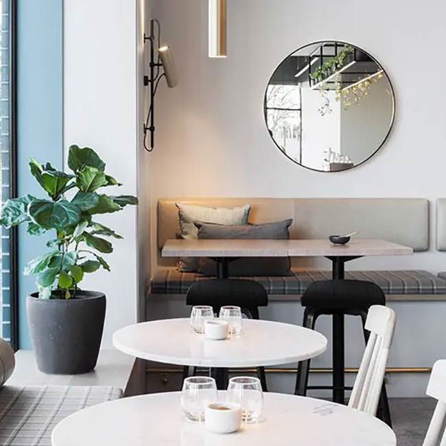 A large circular mirror hangs above a neutral banquette, instantly amplifying the light. Marble-effect round tables sit nearby. A tall fiddle-leaf fig plant adds a vital touch of green to the sleek space.