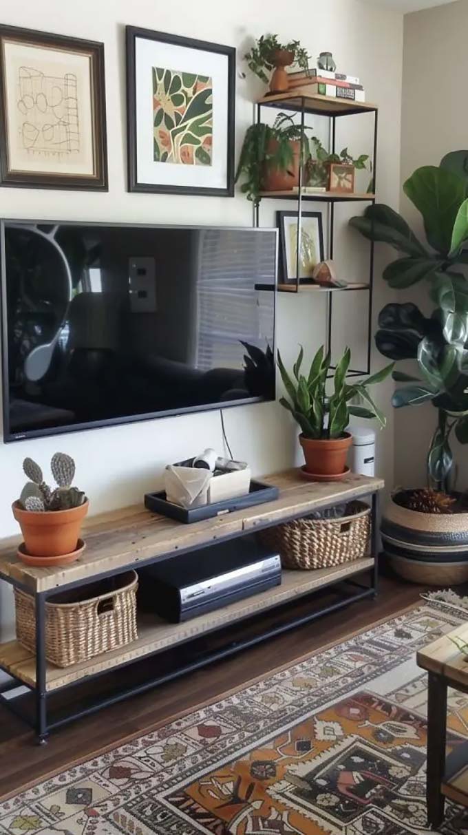 A rustic wood and metal stand holds the TV while a tall shelf tower displays plants nearby. The greenery softens the industrial look of the metal frames. This setup shows how simple TV wall decor can use nature to make a corner feel cozy.