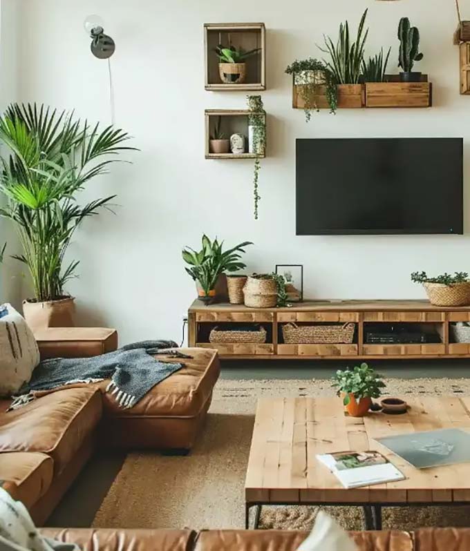 White wooden planks on the wall give this living room a bright and fresh farmhouse feeling. Floating shelves on the left side show off cute frames and baskets while keeping the TV area tidy. This bright TV wall decor idea makes the whole room feel much bigger and cleaner.