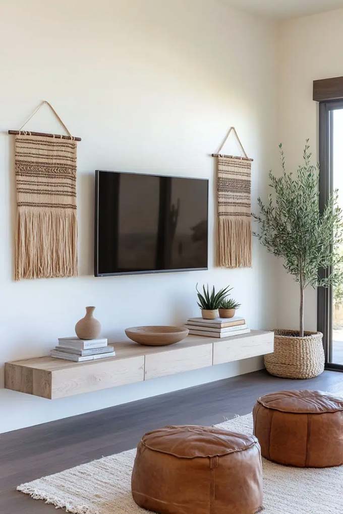 Two long white shelves run under the television to hold books and soft pillows. The beige wall color keeps everything looking soft and neutral. This minimalist TV wall decor focuses on simple pottery and dried plants for a very calm vibe.