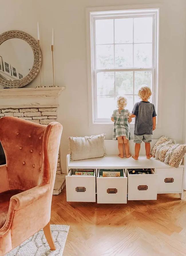 This cute white bench is the perfect height for little children to stand on and look outside. The three deep drawers provide great under window storage for hiding toys and games.